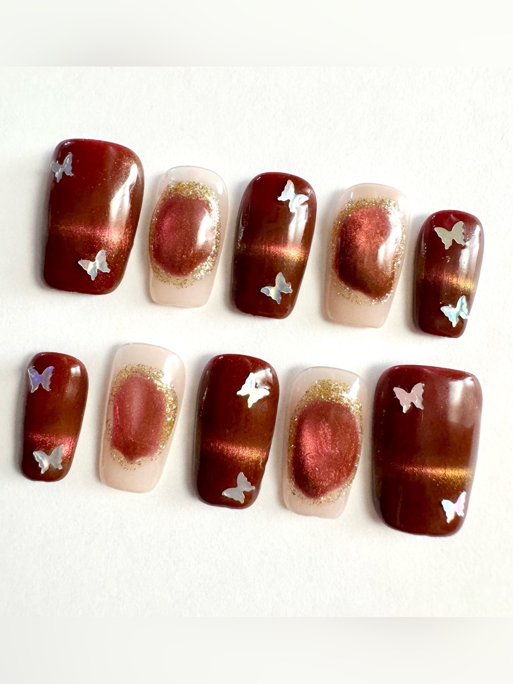 Burgundy & Nude Butterfly Accent Press-On Nail Set